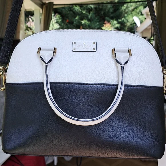 SOLD Kate Spade Soft White/ Black Pebble Leather Satchel/Crossbody EC - Picture 5 of 16